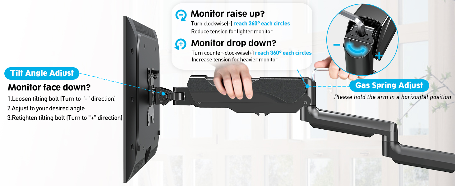 gas spring tension adjustment for 3 monitor mount