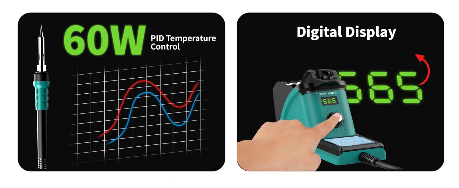 The 926-III 60W Green Soldering Station features PID temperature control, a digital display screen