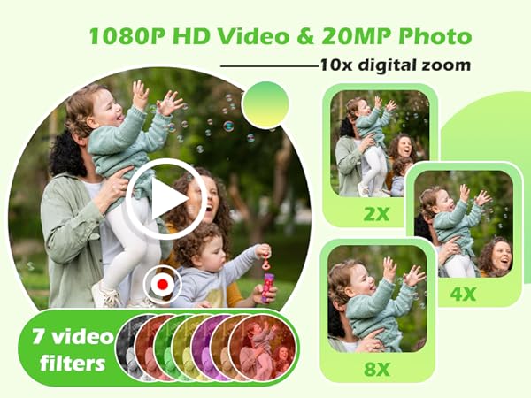 Camera feature advertisement showing 1080P HD video, 20MP photo capability, and 10x digital zoom. Includes sample images and video filters demonstration.