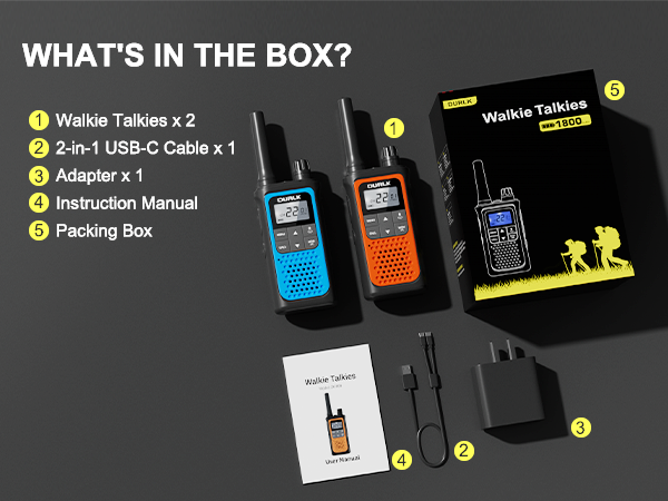 The package includes 2 rechargeable walkie talkies charging cables adapters instructions and box