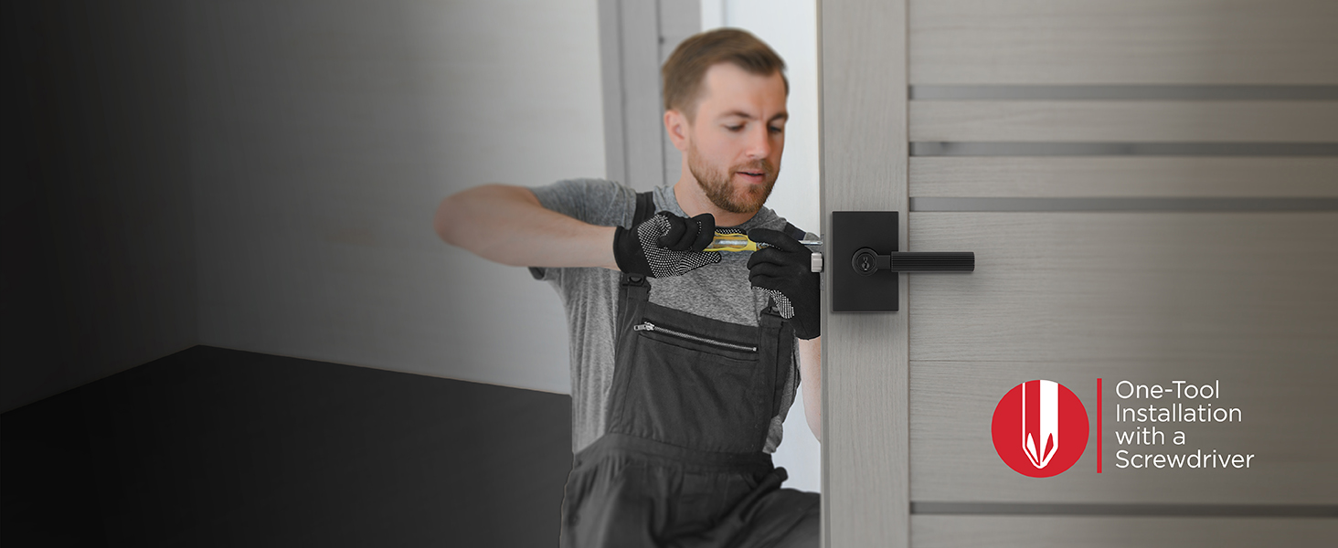 A handyman installing a Kwikset lever with a screwdriver.