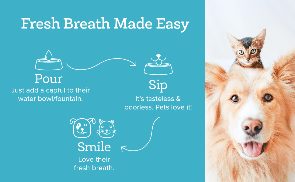 This pet dental water additive is the easy way to clean pets’ teeth and gums. Just add to water.