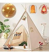 Kids-Teepee-Tent with Lights &amp; Campfire Toy &amp; Carry Case, Natural Cotton Canvas Toddler Tent - Wa...