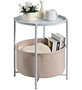 danpinera Round Side Table with Fabric Storage Basket, Metal Side Table Small Bedside Nightstand ...