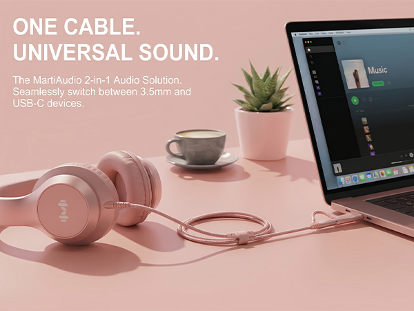 MartiAudio headphones showing universal compatibility with USB-C and 3.5mm audio jacks.