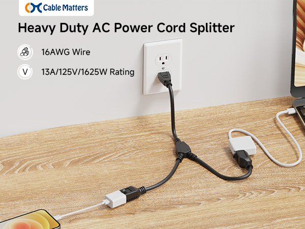 [ETL Listed] Cable Matters 2-Pack 3 Outlet Power Splitter Cord - 1.5ft, NEMA 5-15P to 3X NEMA 5-15R