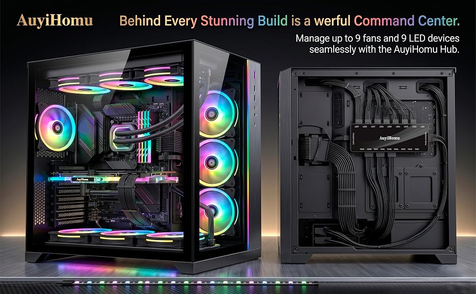 AuyiHomu matte black pc fan hub on computer case for stealth cable management