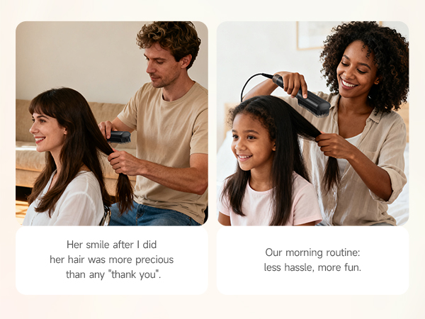 A mother and daughter sharing a quick, easy morning hair routine using the FLYZEMAA straightener