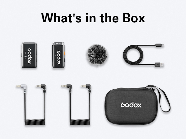 Audio equipment set including two receivers, a fuzzy microphone cover, a cable, four coiled adapter cords, and a carrying case labeled 'Godox'.