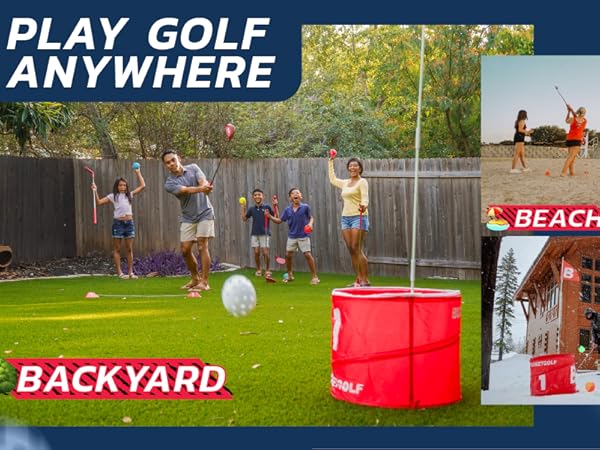 Play golf anywhere: backyard, beack, park, vacation, snow