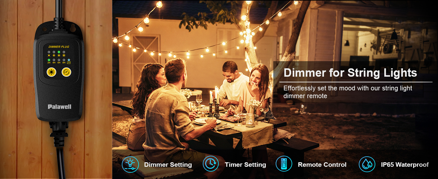 Palawell outdoor dimmer plug creating warm cozy ambiance for summer backyard watch party