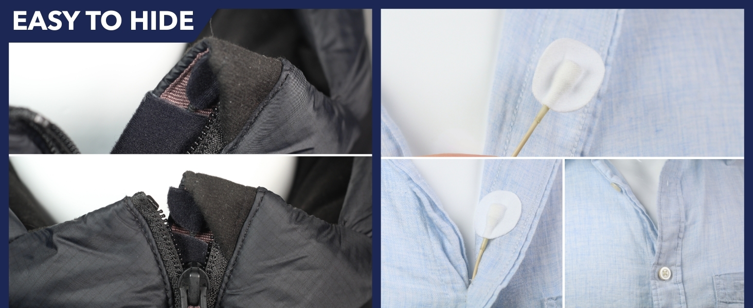 Text reads 'EASY TO HIDE' with split image showing close-up details of clothing items, including zipper and button-up garments.