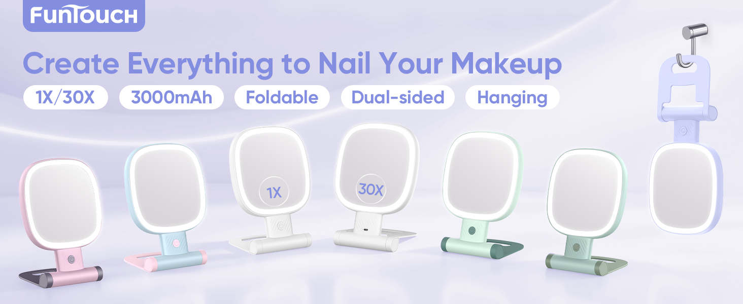 Foldable 1x/30x double sided makeup mirror