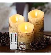 Eywamage Birch Bark Flameless Pillar Candles with Remote, Flickering Rustic Battery LED Wood Cand...