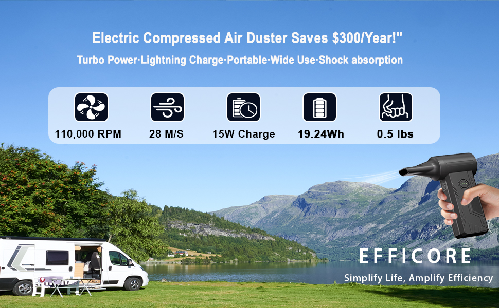 This cordless electric compressed air duster blasts dust at 28 m/s with 4 speeds (gentle to turbo)