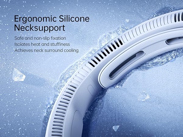 Text reads 'Ergonomic Silicone Necksupport'. Close-up product shot of curved white silicone neck support device with ribbed texture against blue background with sparkle effects.