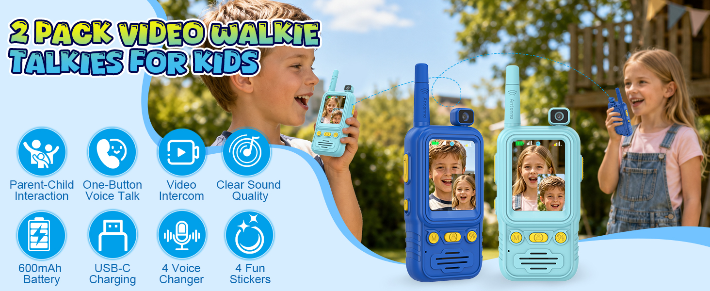 2-Pack Video Walkie Talkies for Kids Boy Girl Age 4-10 Toy Rechargeable Birthday Gift Indoor Outdoor
