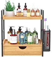LEMIKKLE Solid Wood 2-Tier Bathroom Organizer with Drawers and Baskets, Multi-Purpose Makeup Orga...