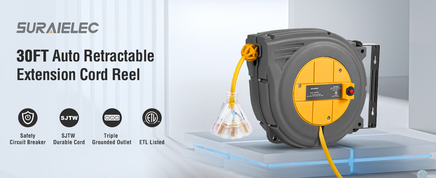 30 FT Retractable Extension Cord, 16AWG/3C SJTW Power Cord Reel, 3 Electrical Outlets Triple Tap