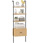 Giantex Ladder Bookshelf with Rattan Cabinet, 5-Tier Tall Wall-Mounted Bookcase with Metal Frame,...