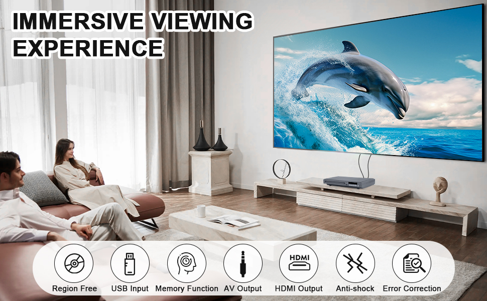 Text reads 'IMMERSIVE VIEWING EXPERIENCE'. Modern living room with large TV showing dolphin image. Below are 7 icons representing different features. Room has white walls and curtains.