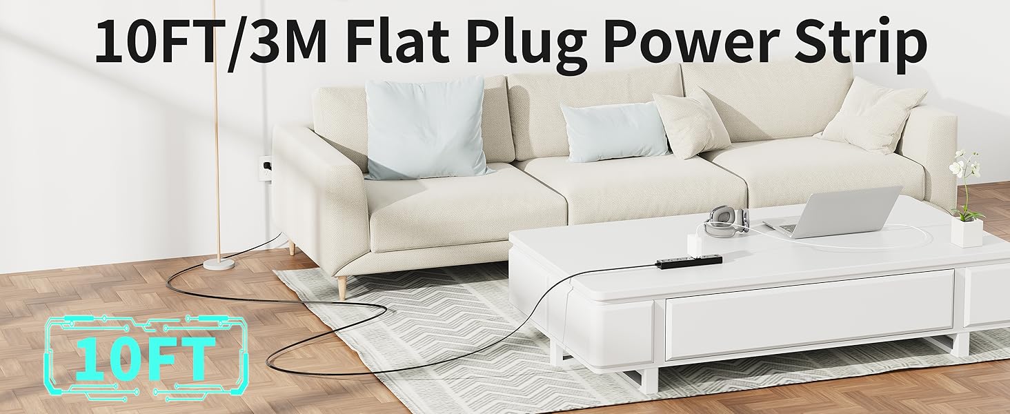 10ft Flat Plug Power Strip