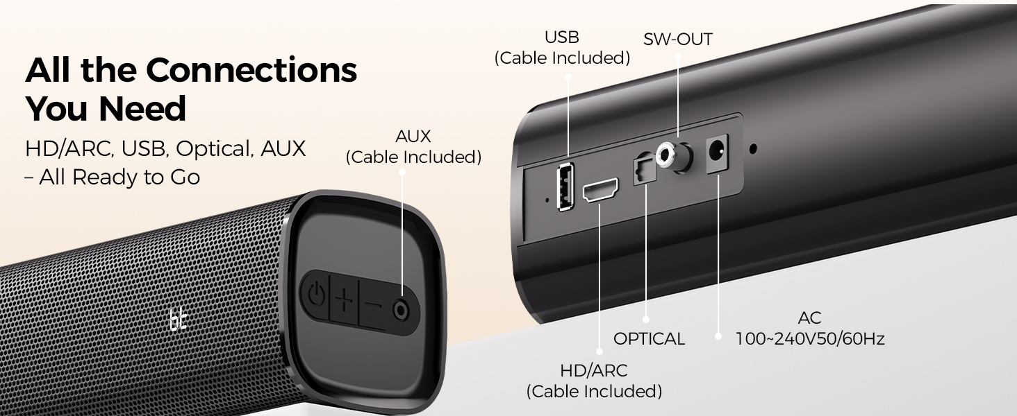Supports HD/ARC, USB, Optical, AUX connection