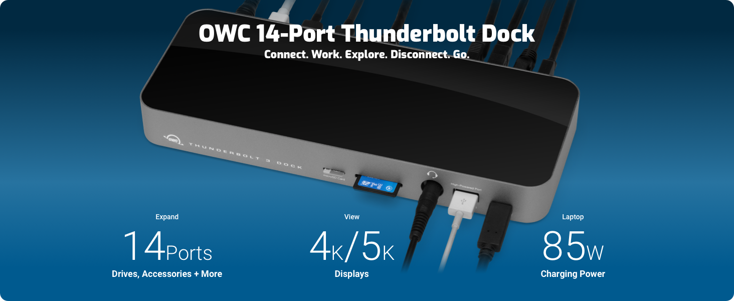 OWC 14-Port Thunderbolt Dock, 85W charging, (2) Thunderbolt 40 Gb/s (USB-C), (5) USB 3.2 Type-A
