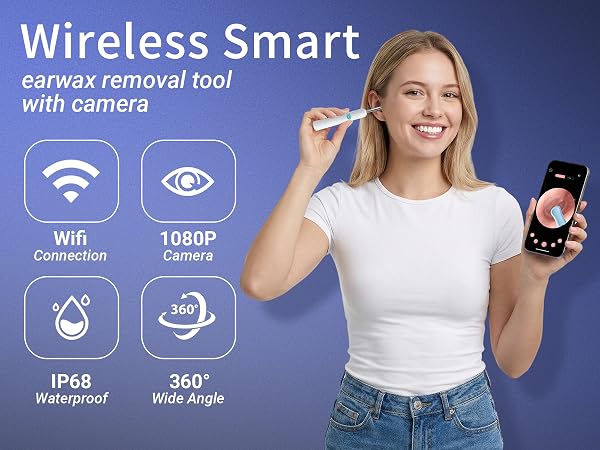 Wireless smart earwax removal tool with 1080P camera, WiFi connection and IP68 waterproof.