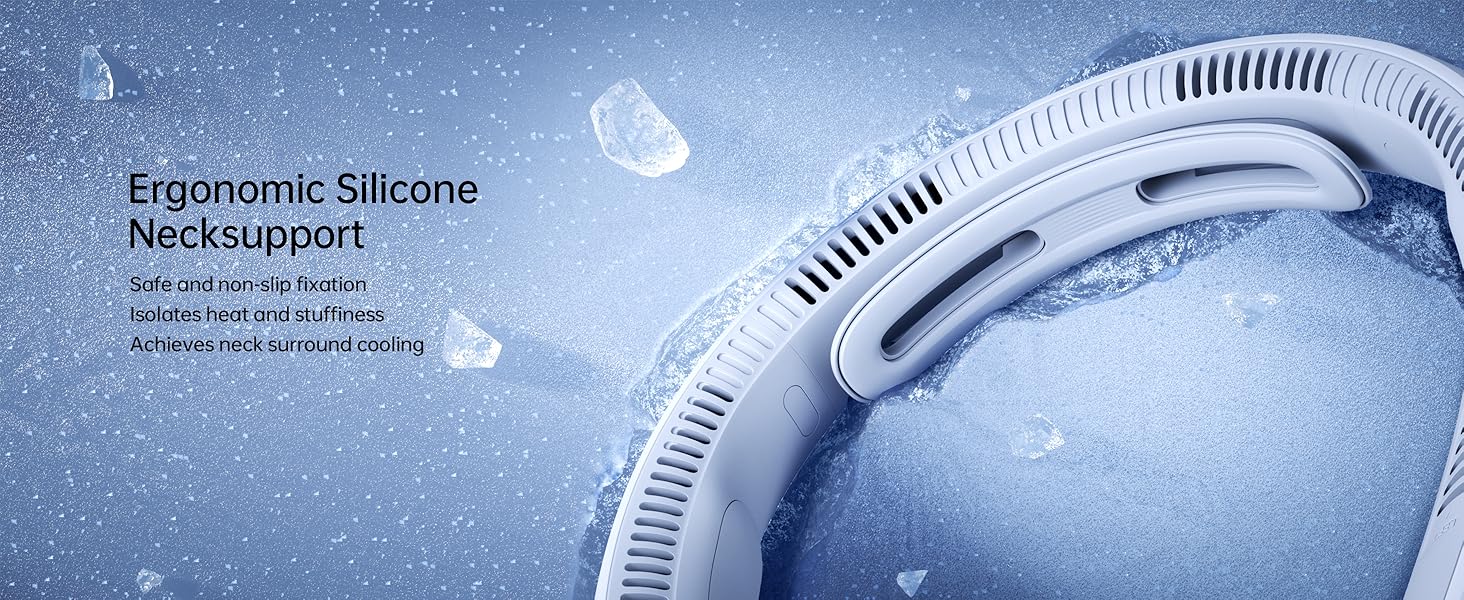 Text reads: 'Ergonomic Silicone Necksupport'. Product images showing blue-tinted silicone neck support device with anatomical design features.