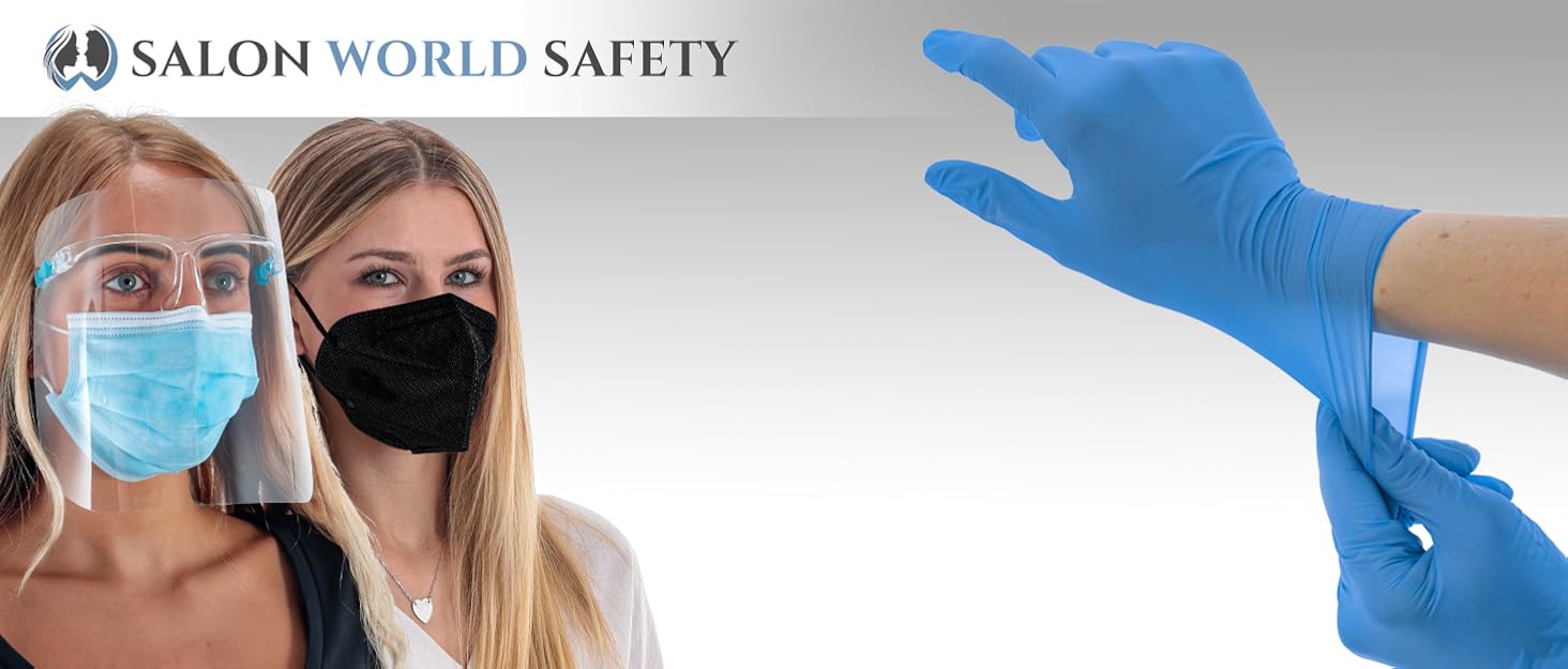 two women wearing masks on left and a pair hands wearing blue nitrile gloves on right