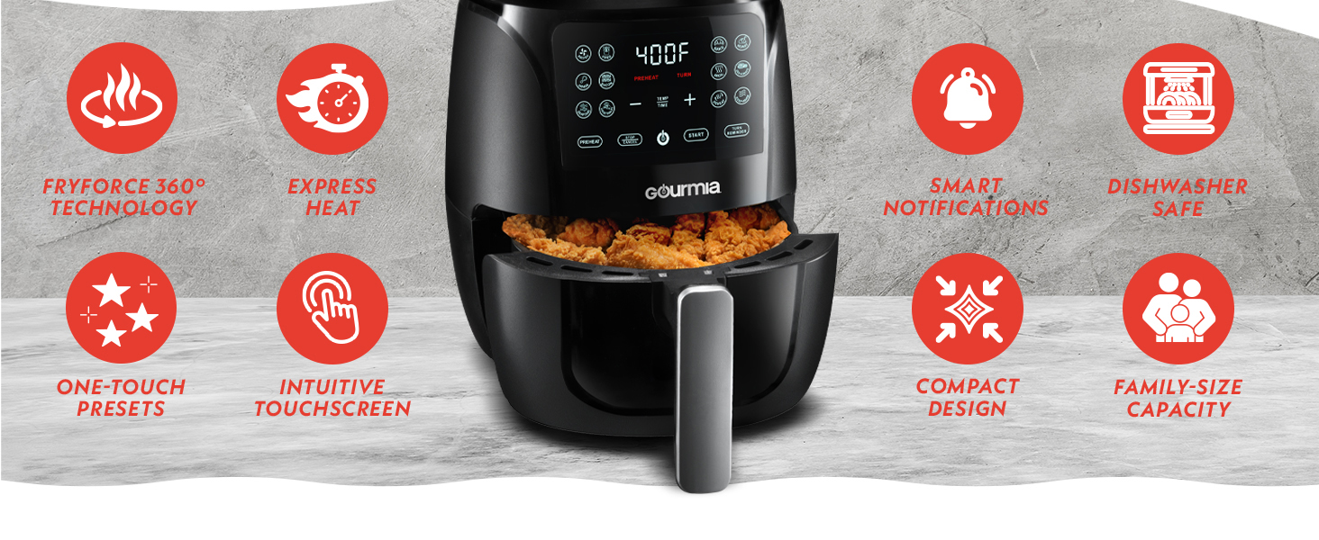 Front view of black and stainless air fryer with digital display and preset buttons