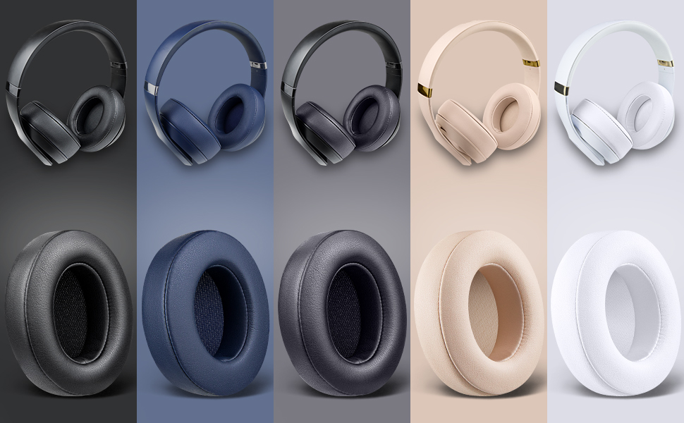 Collection of ear cushions or headphone pads shown in various colors including black, gray, beige, and white, displayed in multiple angles.