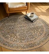 Gold Brown 4ft Circle Area Rug for Living Room, Machine Washable Boho Botanical Floral Rug for Ki...