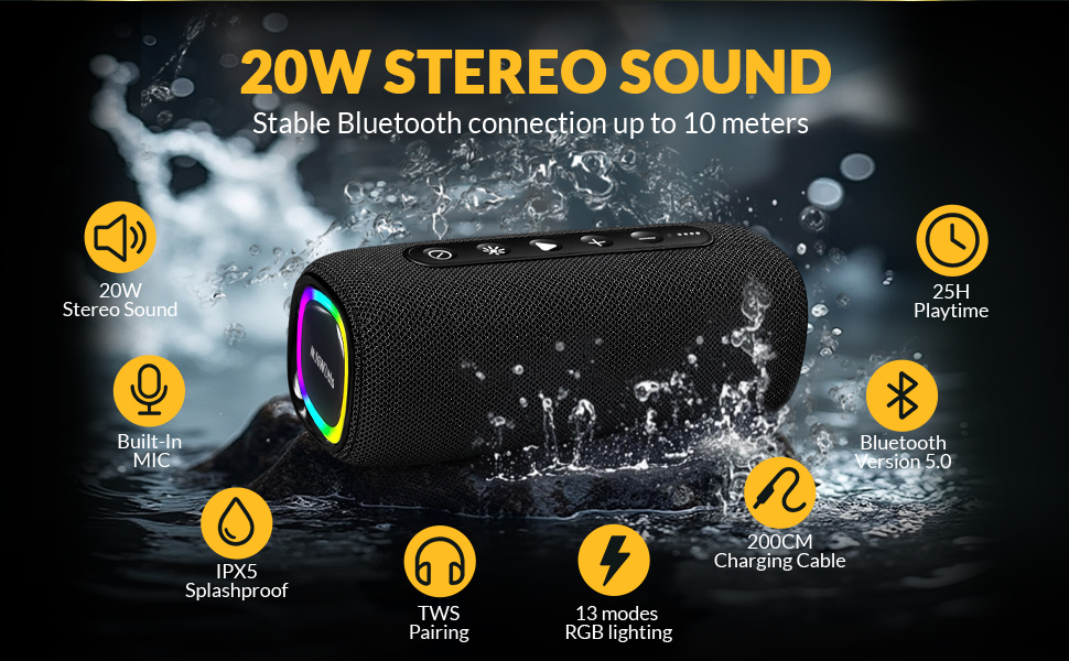 IPX5 splashproof bluetooth speaker 20W stereo sound waterproof outdoor audio for pool and rain