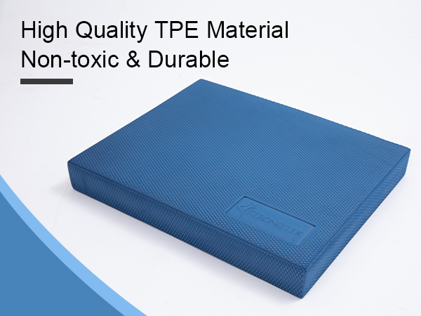 Blue rectangular exercise mat made of high-quality TPE material. Product description emphasizes non-toxic and durable properties.