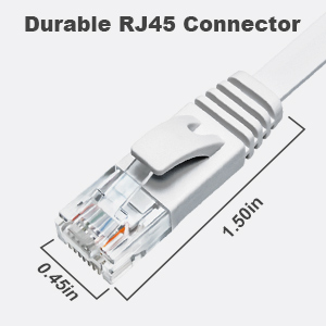 Durable RJ45 connector for networking cables. Close-up shows white plastic housing with metal contacts. Dimensions: 1.5cm length, 1.3cm width.