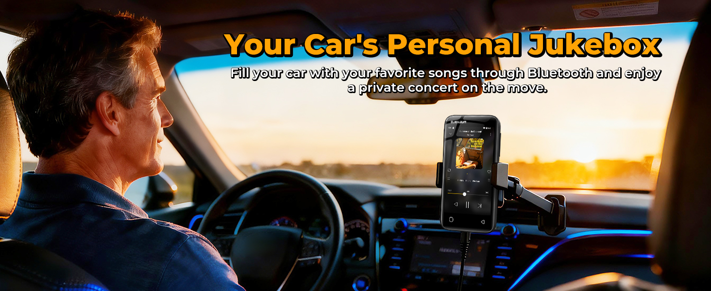 Man driving at sunset with a Globluum MP3 player mounted in the car streaming music via Bluetooth.