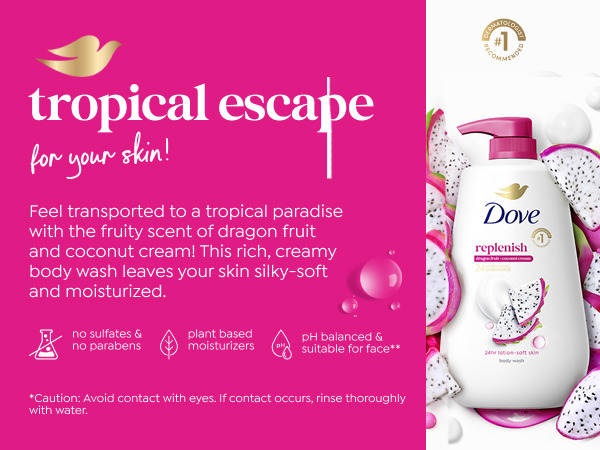 Text on fuchsia backdrop next to a Dove body wash bottle amid dragon fruit slices &amp; creamy bubbles.