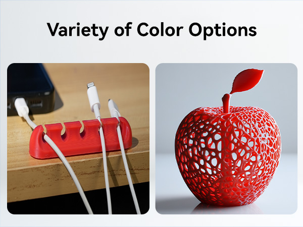 Two-panel image: Left shows red cable organizer with white cords. Right displays decorative red apple-shaped object with intricate cutout pattern.