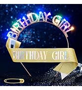 Aceorna Light Up Birthday Girl Headband Gold Rhinestone Crown and Sash Led Birthday Accessories S...