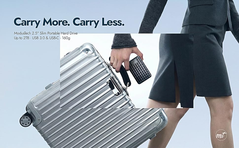 Text reads 'Carry More, Carry Less.' and 'ÜBERALL EINSETZBAR'. Marketing image showing silver metallic rolling suitcases in use.