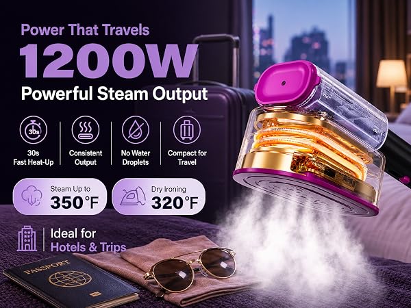 1200W powerful steam output, 30s fast heat-up, consistent output, no water droplets