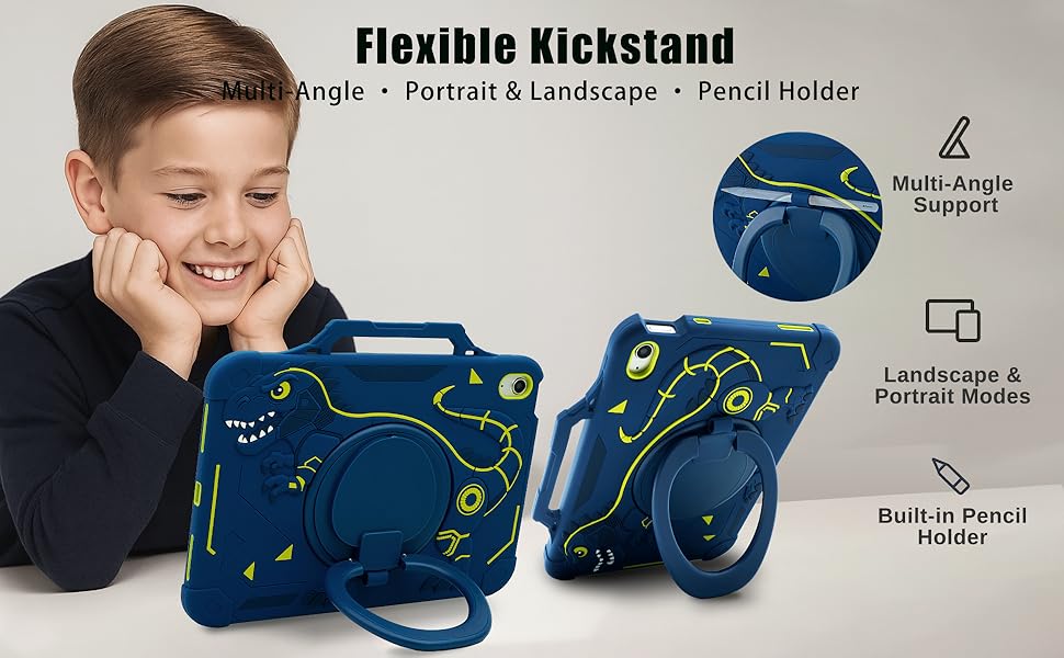 Boy using blue dino iPad case with 360 stand and pencil holder in portrait and landscape modes