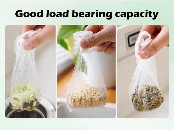 strainer bags hold vegetable scraps, rice, and tea leaves without tearing when lifted