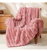 BEDELITE Faux Fur Throw Blanket for Couch, Soft and Cozy Luxurious 3D Striped Pink Fluffy Blanket...