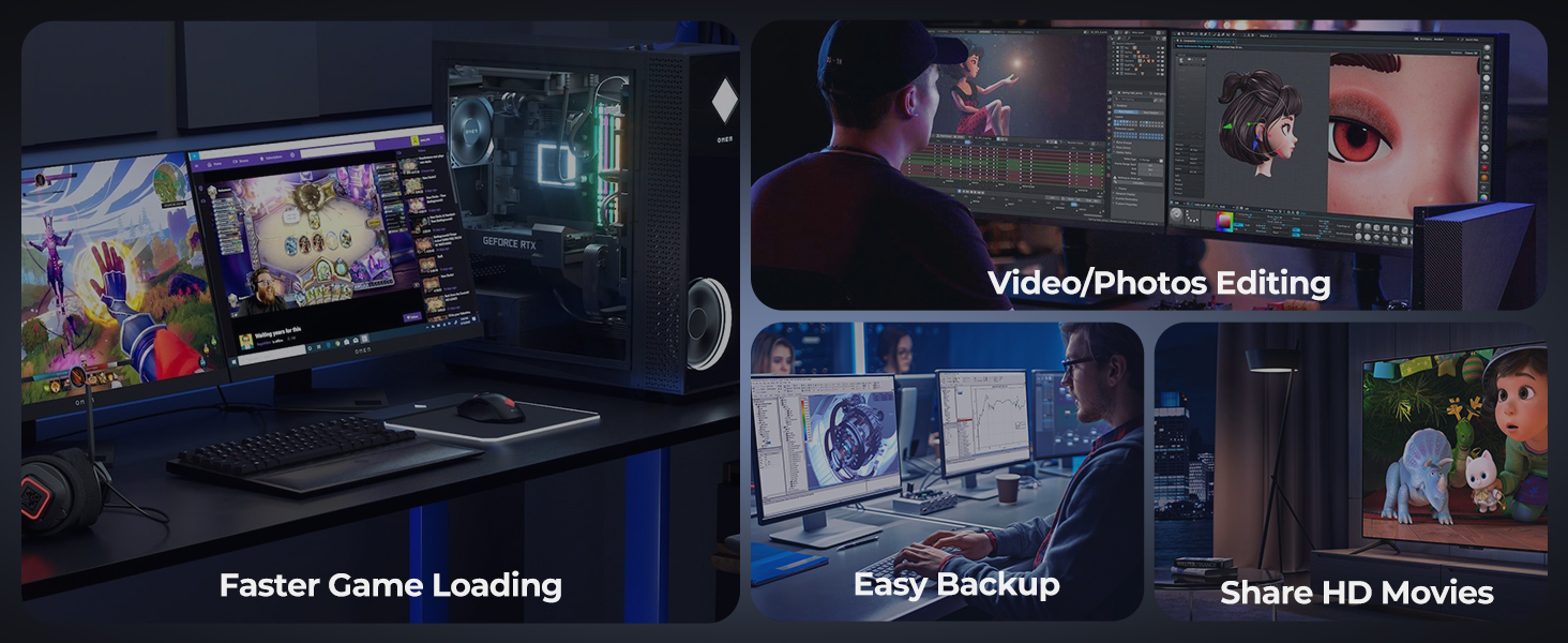 Computer setup displaying multiple screens with gaming and video editing features, showing options for faster game loading, video editing, and HD movie sharing.