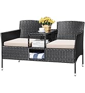 Devoko Outdoor Patio Loveseat Modern Rattan 2-Seat Patio Conversation Set with Cushions &amp; Built-i...