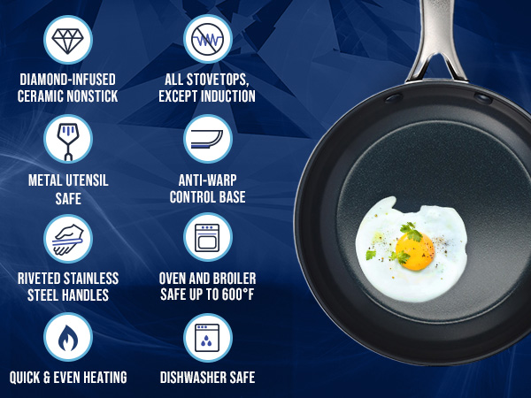 BlueDiamond, Ceramic Nonstick, PFAS-Free, Non-Toxic, Cookware, Frypans, Classic