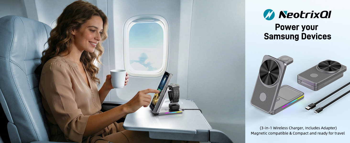 Text reads 'NeotrixQI' and 'Power your Samsung Devices'. Same wireless charging product shown from multiple angles with lifestyle usage shots.